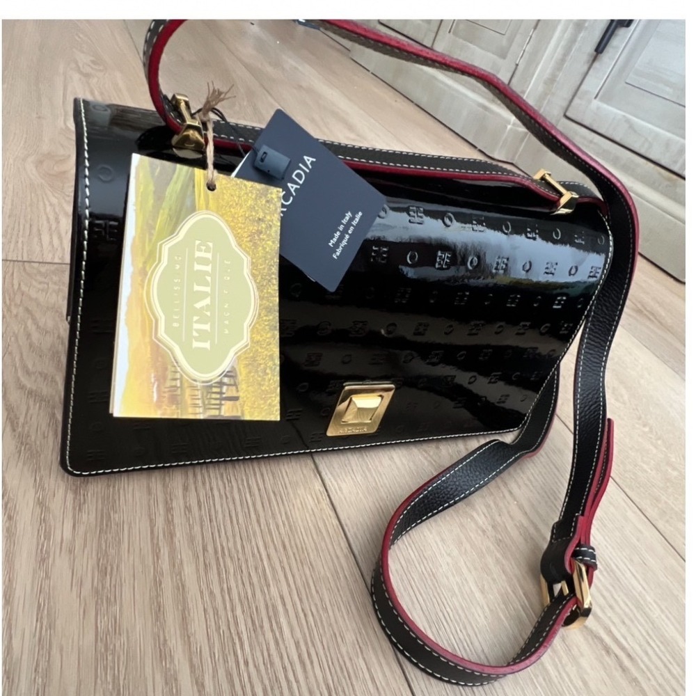 Arcadia NWT Black Patent Leather Monogram Shoulder Bag Made in Italy